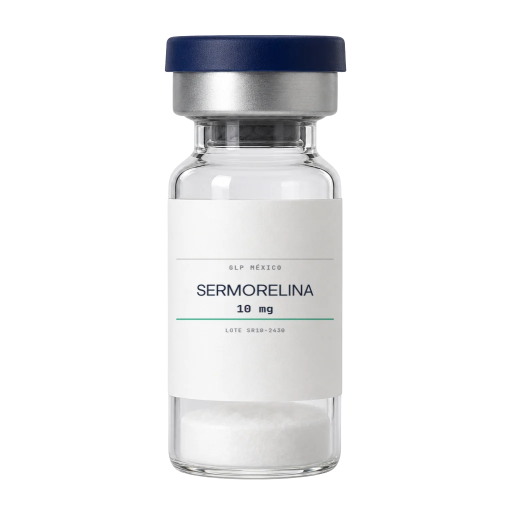 Vial de Sermorelina liofilizada para investigación in vitro